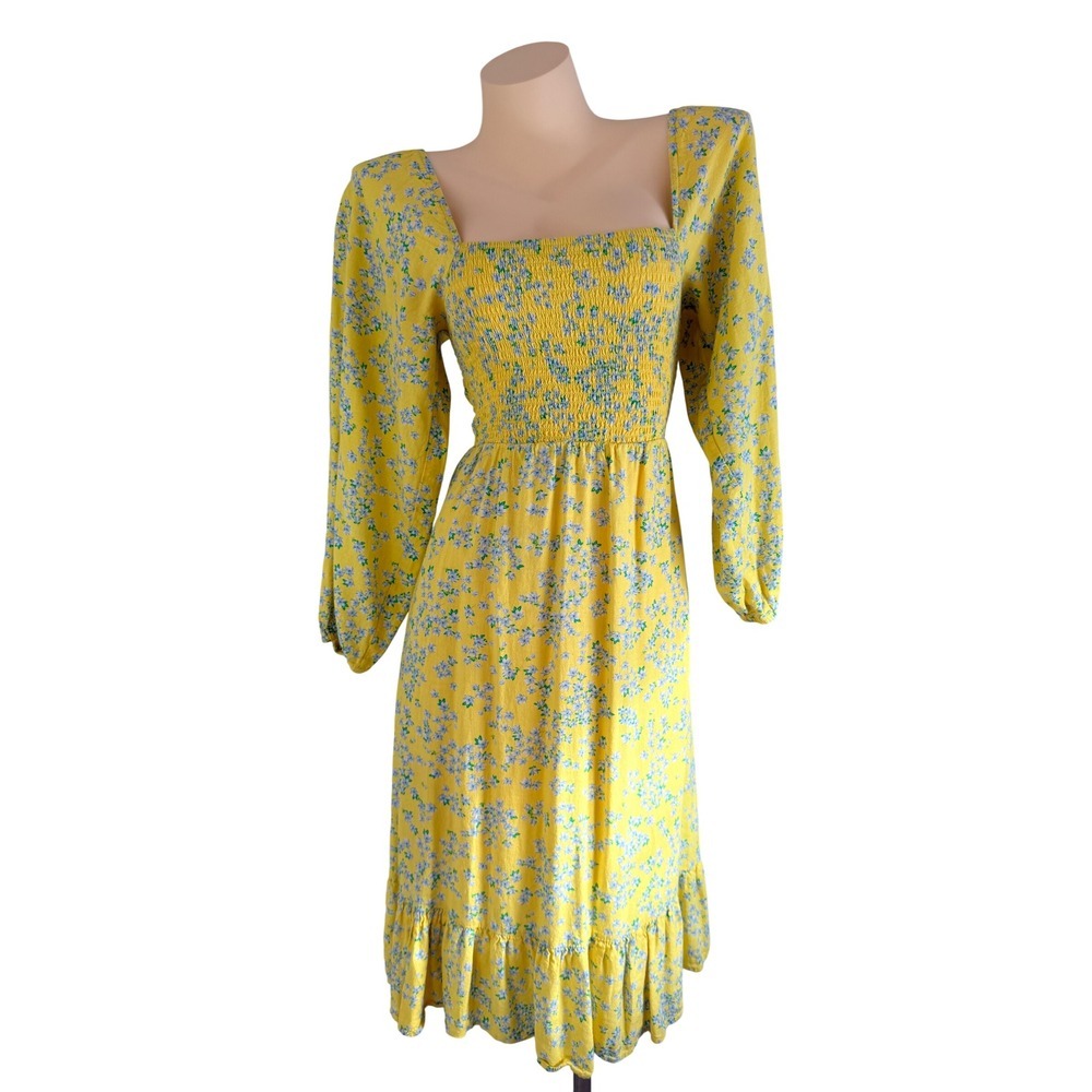 Cottagecore Draper James RSVP Yellow Floral Smocked Midi Dress XS Long Sleeve